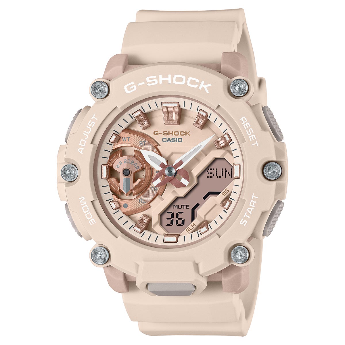 G Shock Womens Watch with Pink Dial and Pink Resin Strap (quartz movement)