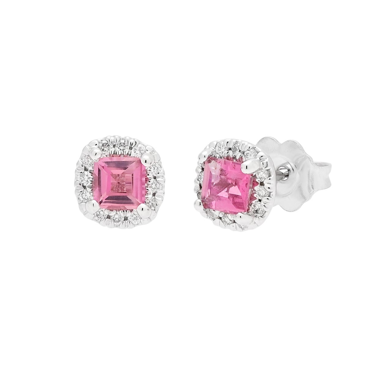Maine Pink Tourmaline Halo Stud Earrings in 14kt White Gold with Diamonds (1/10ct tw)