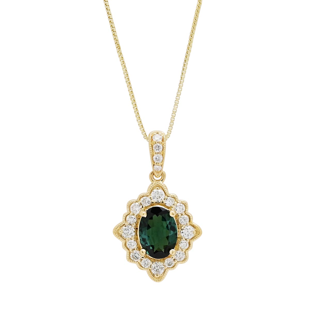 Maine Indicolite Tourmaline Oval Halo Necklace in 14kt Yellow Gold with Diamonds (1/4ct tw)