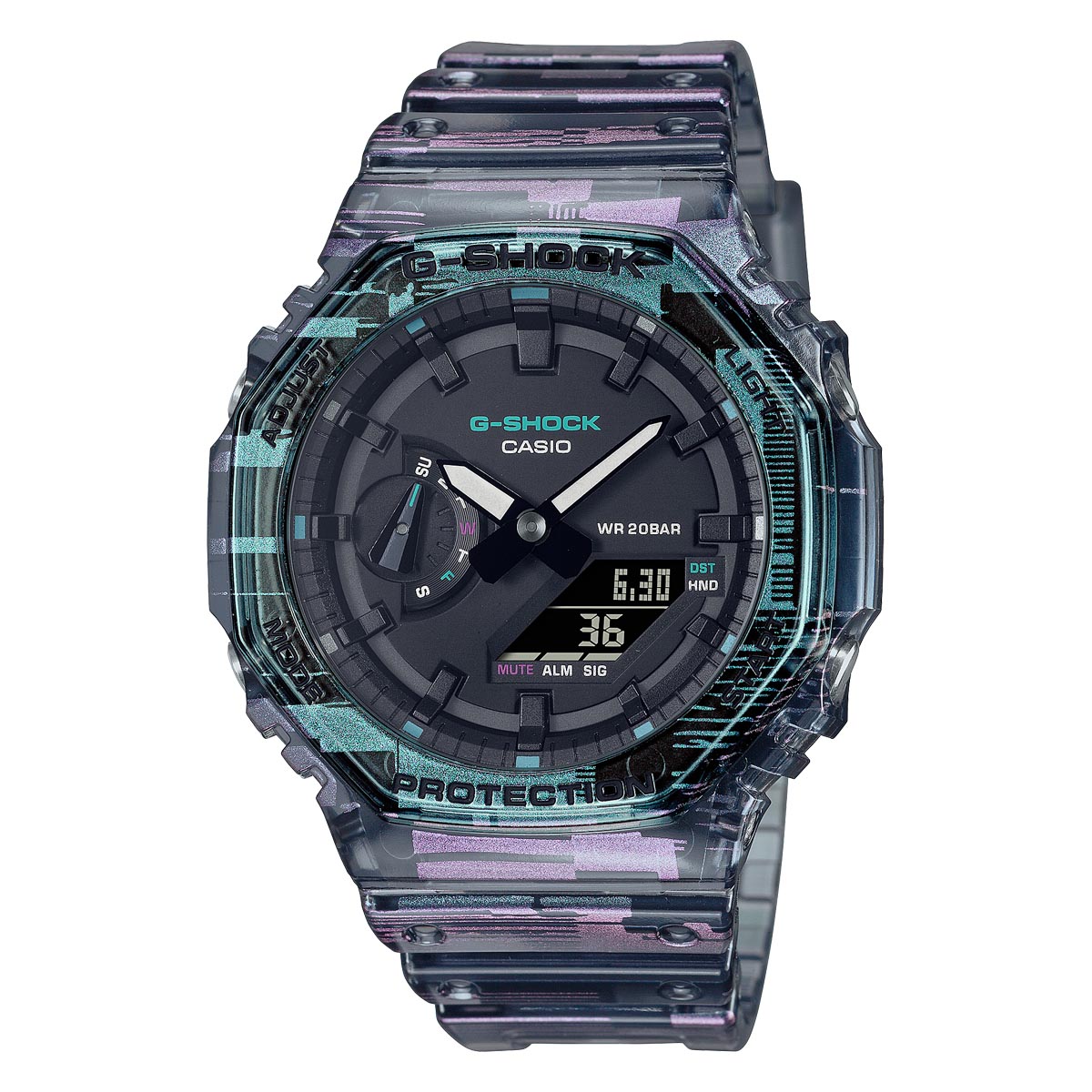 G Shock Mens Watch with Black Dial and Translucent Iridescent Strap (quartz movement)