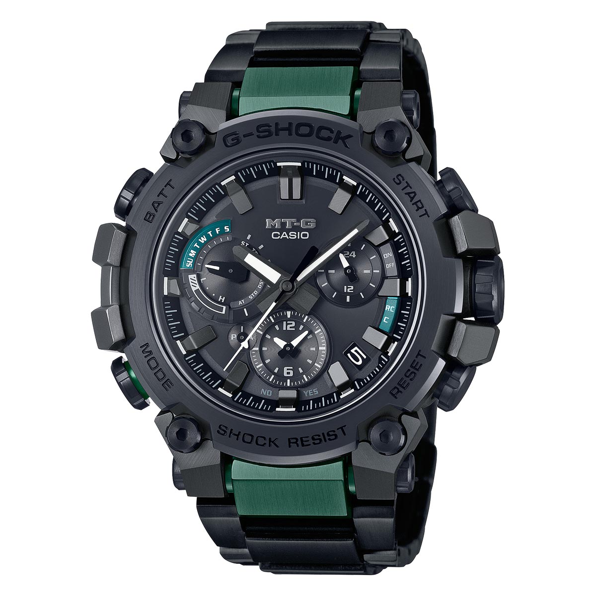 G Shock MT-G Series Mens Watch with Black Dial and Black and Green Stainless Steel Bracelet (solar movement)