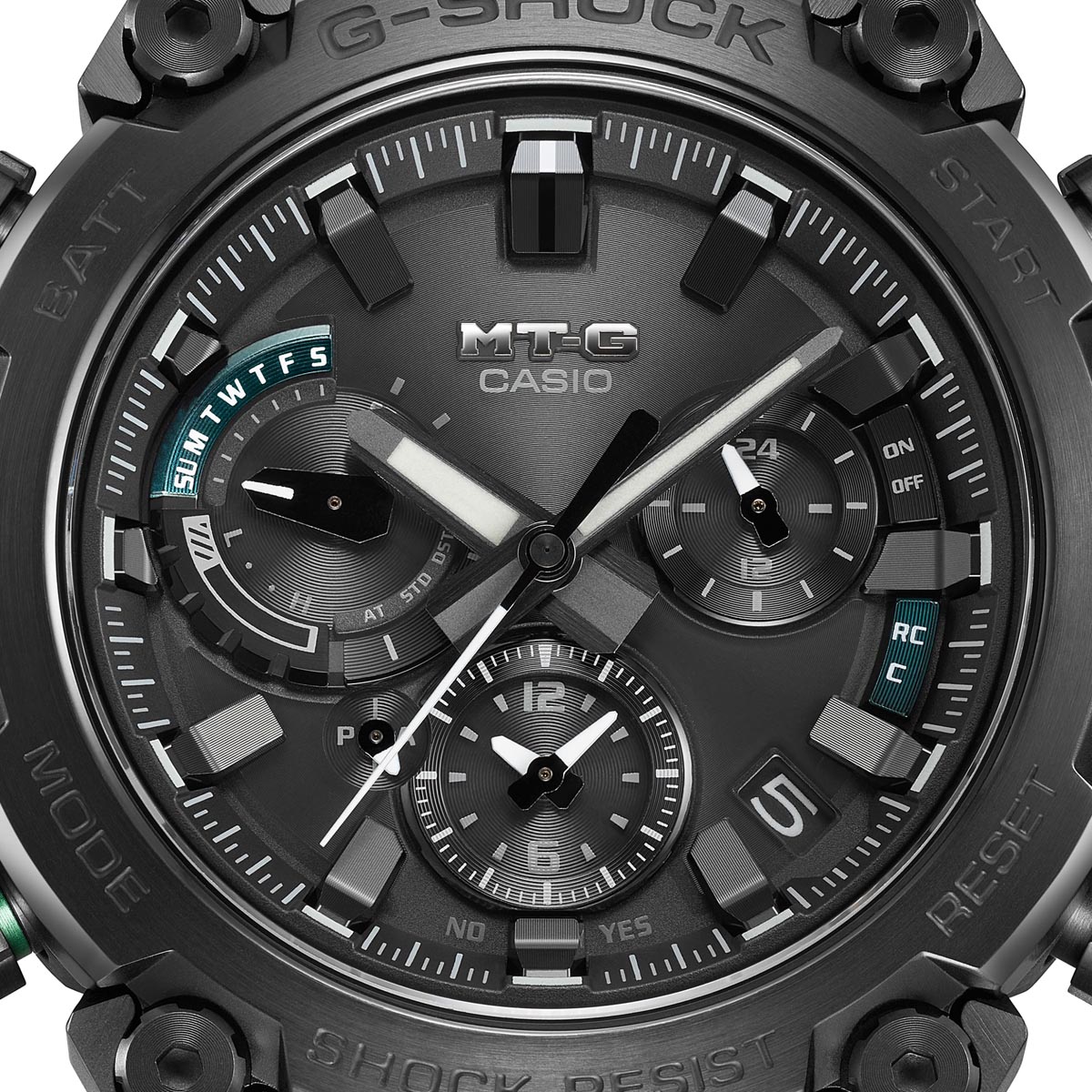 G Shock MT-G Series Mens Watch with Black Dial and Black and Green Stainless Steel Bracelet (solar movement)