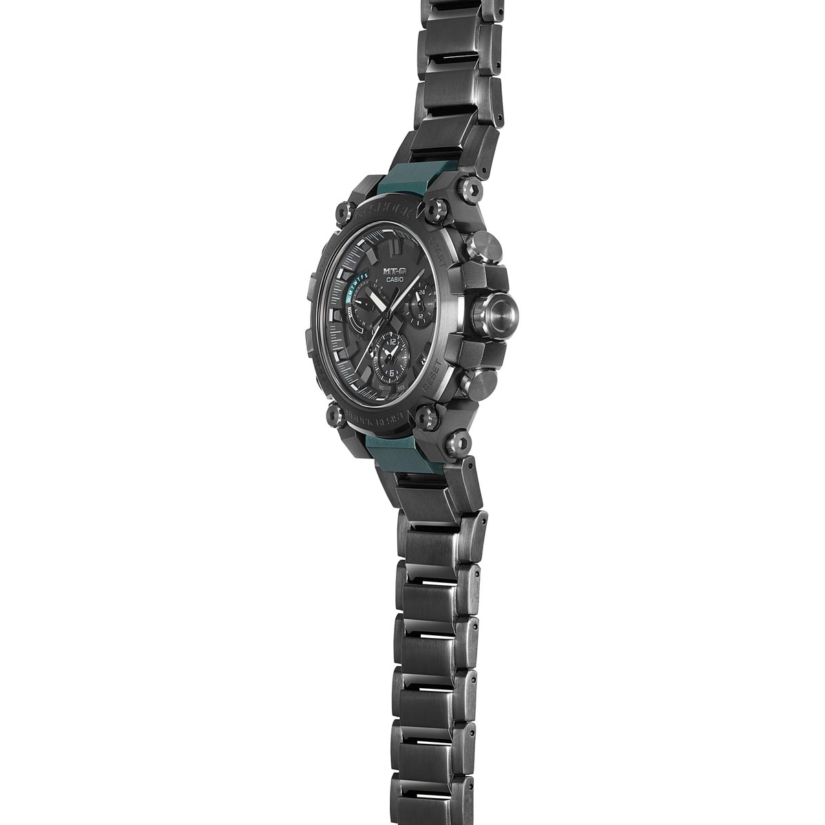 G Shock MT-G Series Mens Watch with Black Dial and Black and Green Stainless Steel Bracelet (solar movement)
