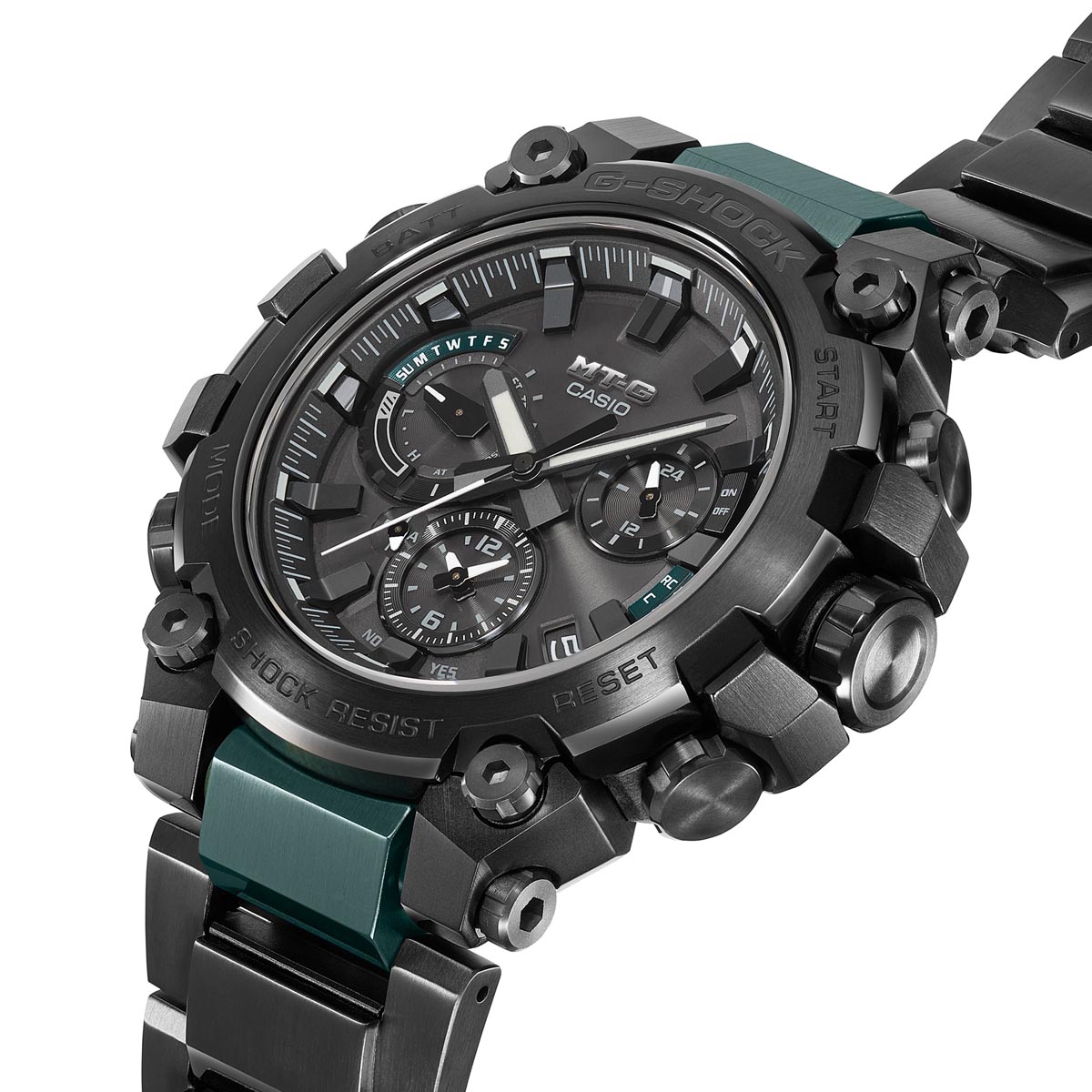 G Shock MT-G Series Mens Watch with Black Dial and Black and Green Stainless Steel Bracelet (solar movement)
