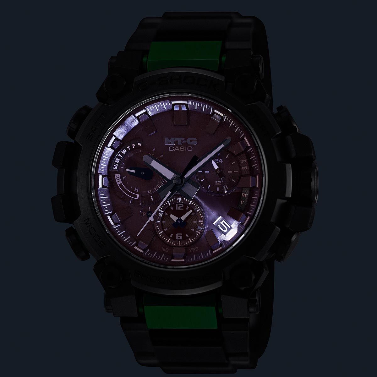 G Shock MT-G Series Mens Watch with Black Dial and Black and Green Stainless Steel Bracelet (solar movement)
