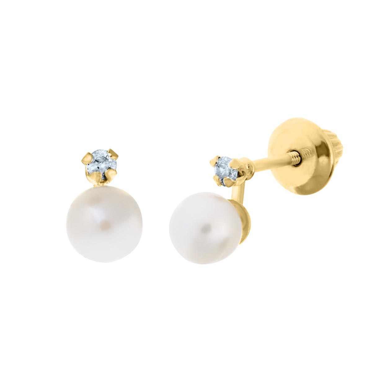 Childrens Pearl Stud Earring in 14kt Yellow Gold with Diamonds (.04ct tw)