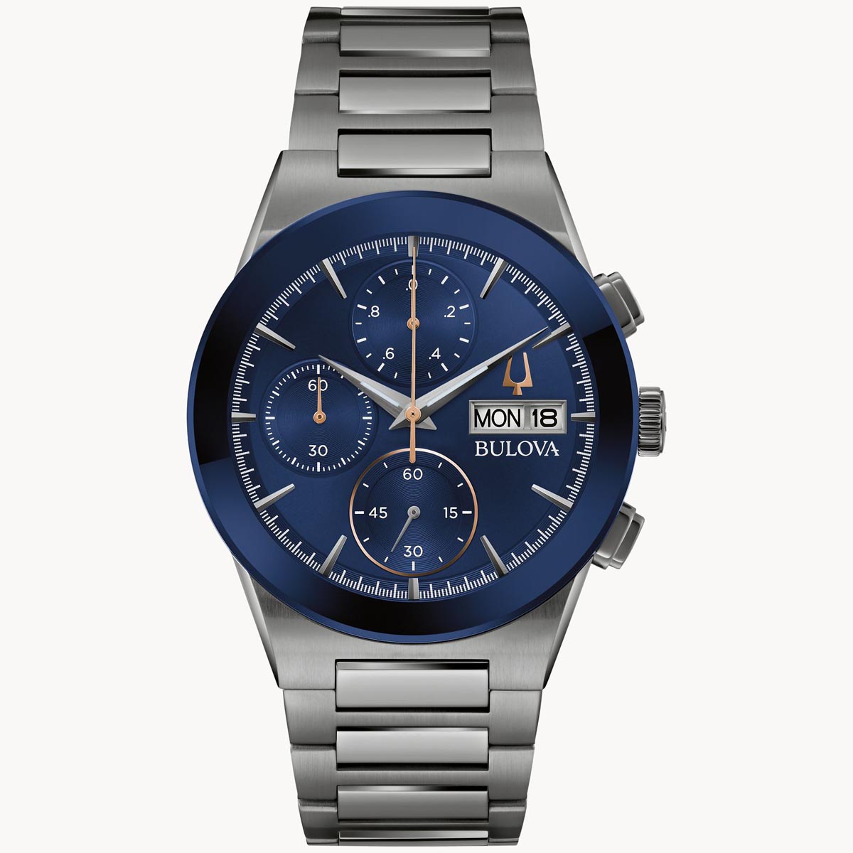 Bulova Millennia Chronograph Mens Watch with Blue Dial and Gray Ion Plated Bracelet (quartz movement)