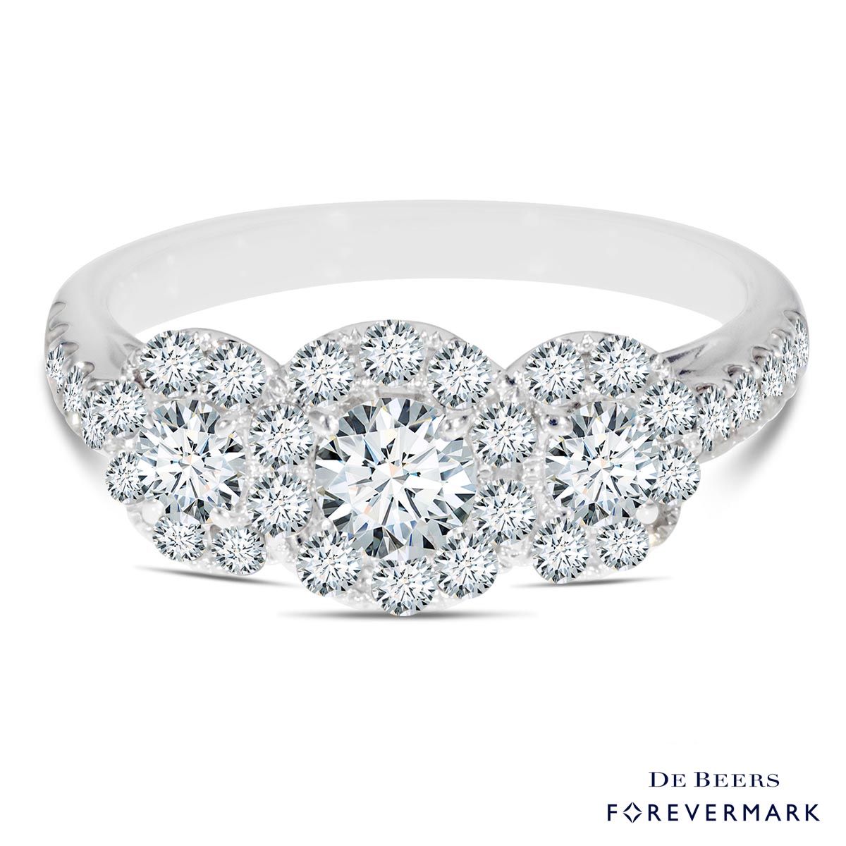 De Beers Forevermark Center of My Universe Diamond Three Stone Halo Ring in 18kt White Gold (1 1/7ct tw)