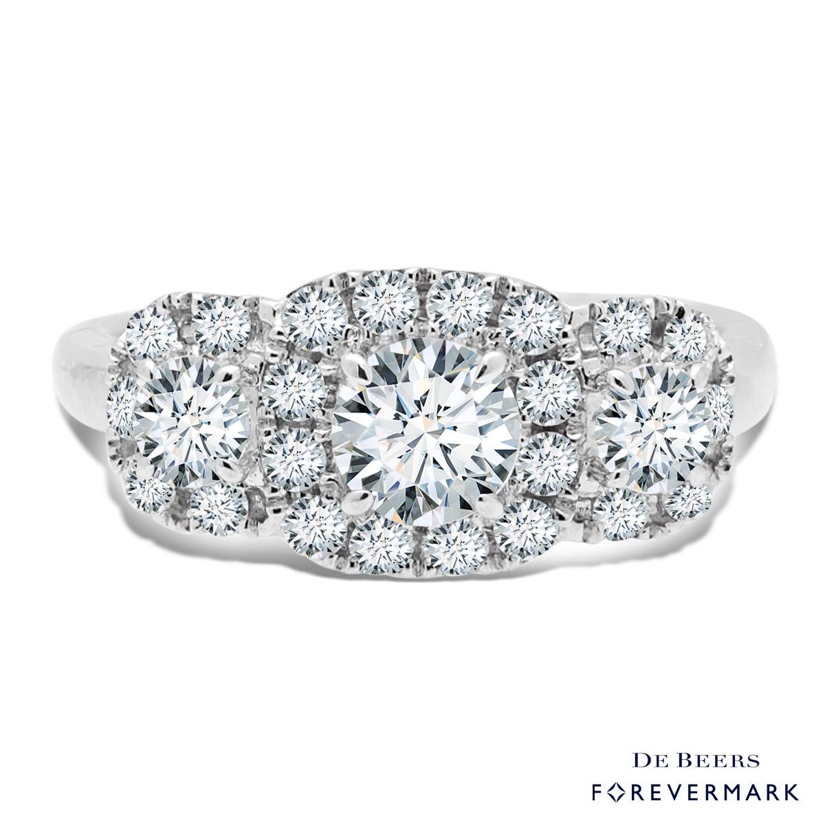 De Beers Forevermark Three Stone Diamond Halo Engagement Ring in 18kt White Gold (7/8ct tw)