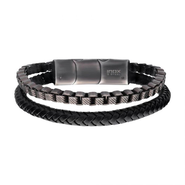 Mens Multi Strand Leather and Box Chain Bracelet in