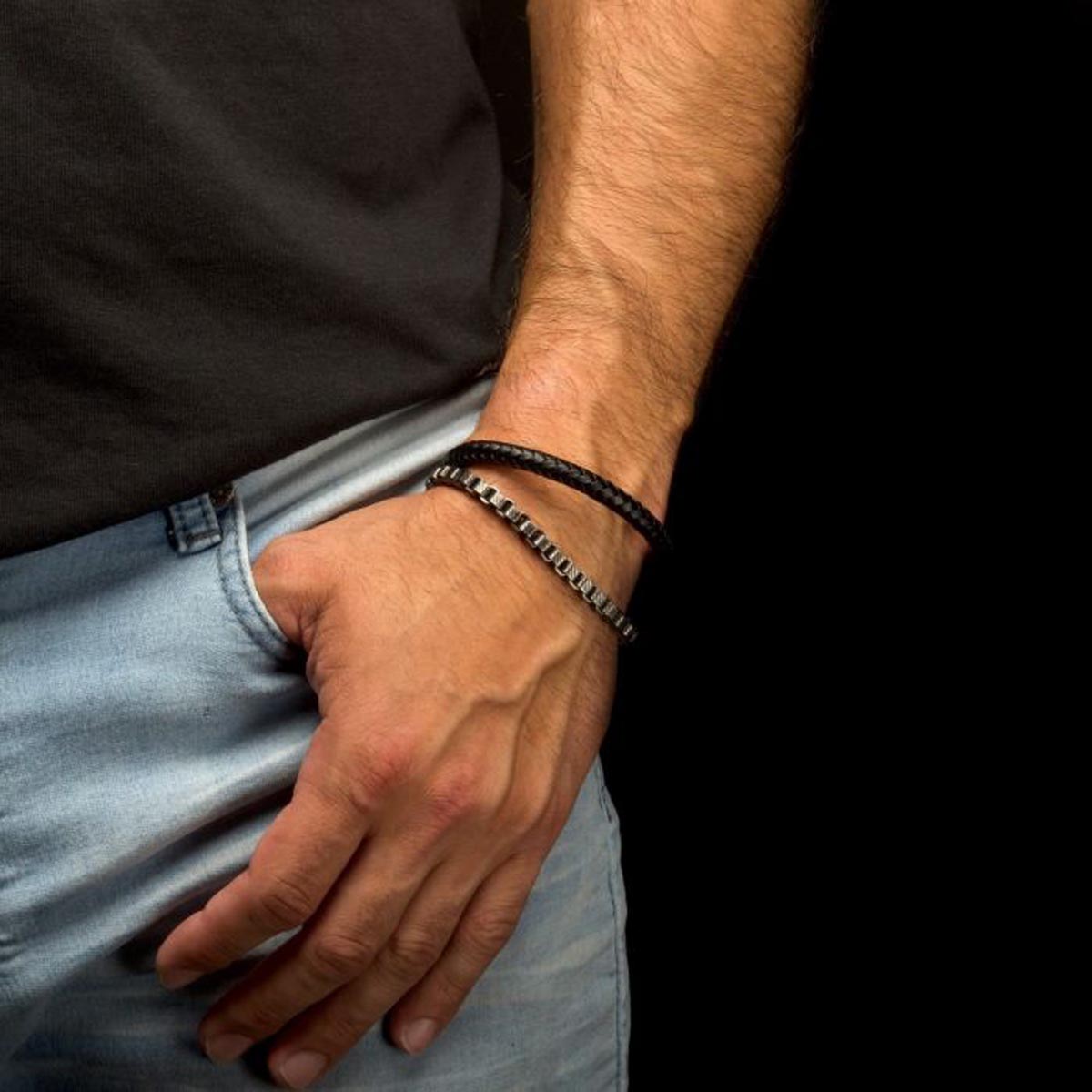 Mens Multi Strand Leather and Box Chain Bracelet in Stainless