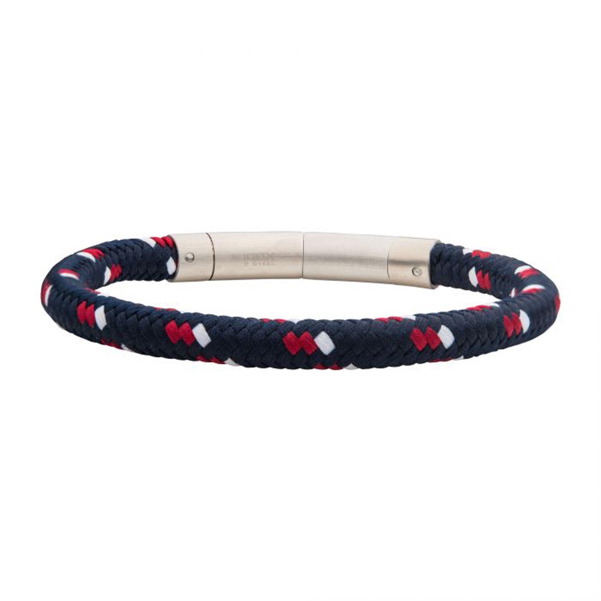 Mens Red White and Blue Nylon Cord Bracelet in Stainless Steel