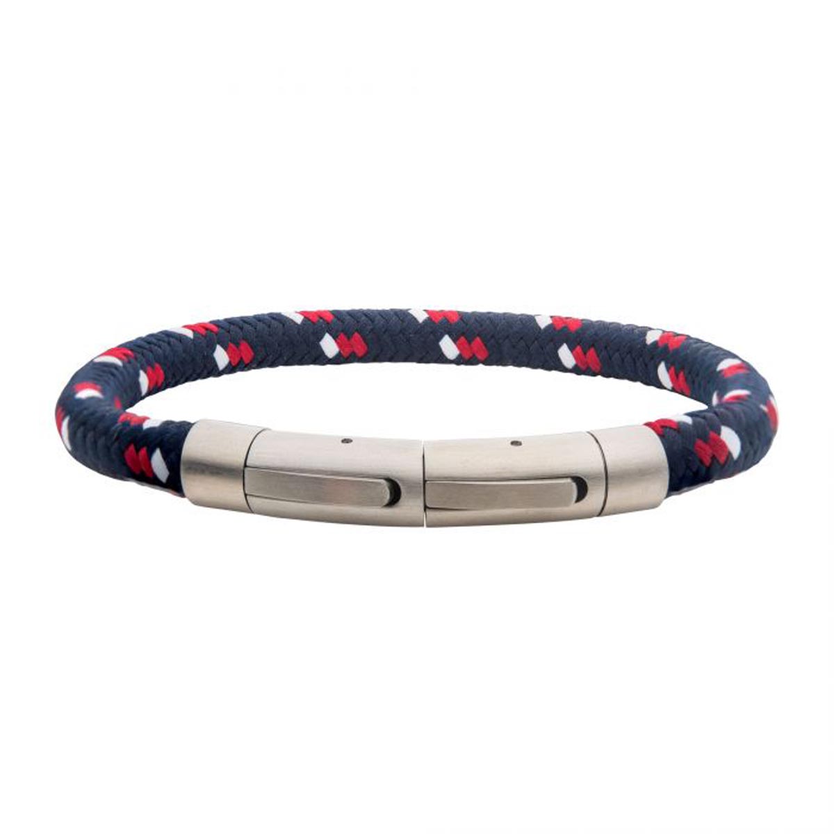 Mens Red White and Blue Nylon Cord Bracelet in Stainless Steel