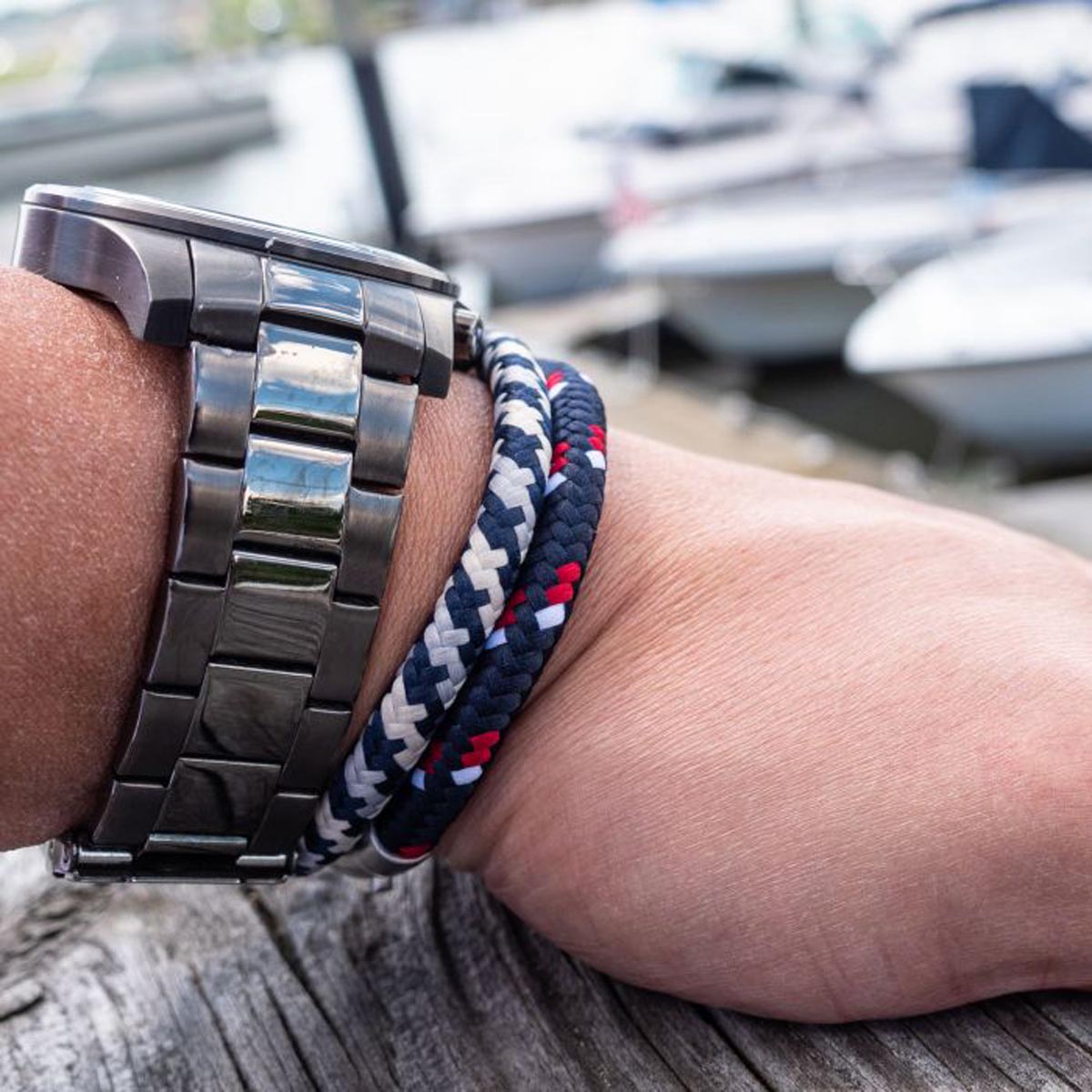 Mens Red White and Blue Nylon Cord Bracelet in Stainless Steel
