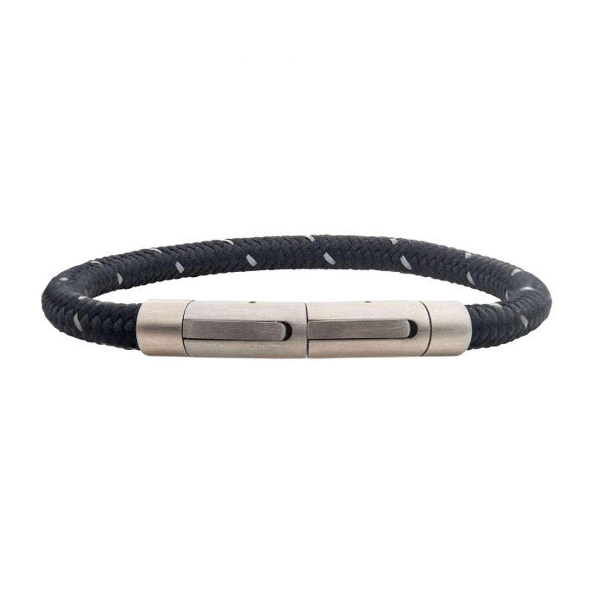 Mens Black Reflective Nylon Cord Bracelet in Stainless Steel