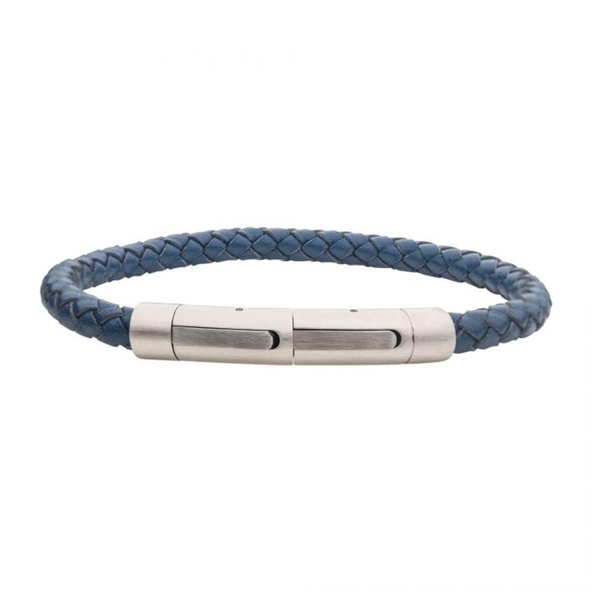 Mens Blue Leather Cord Bracelet in Stainless Steel