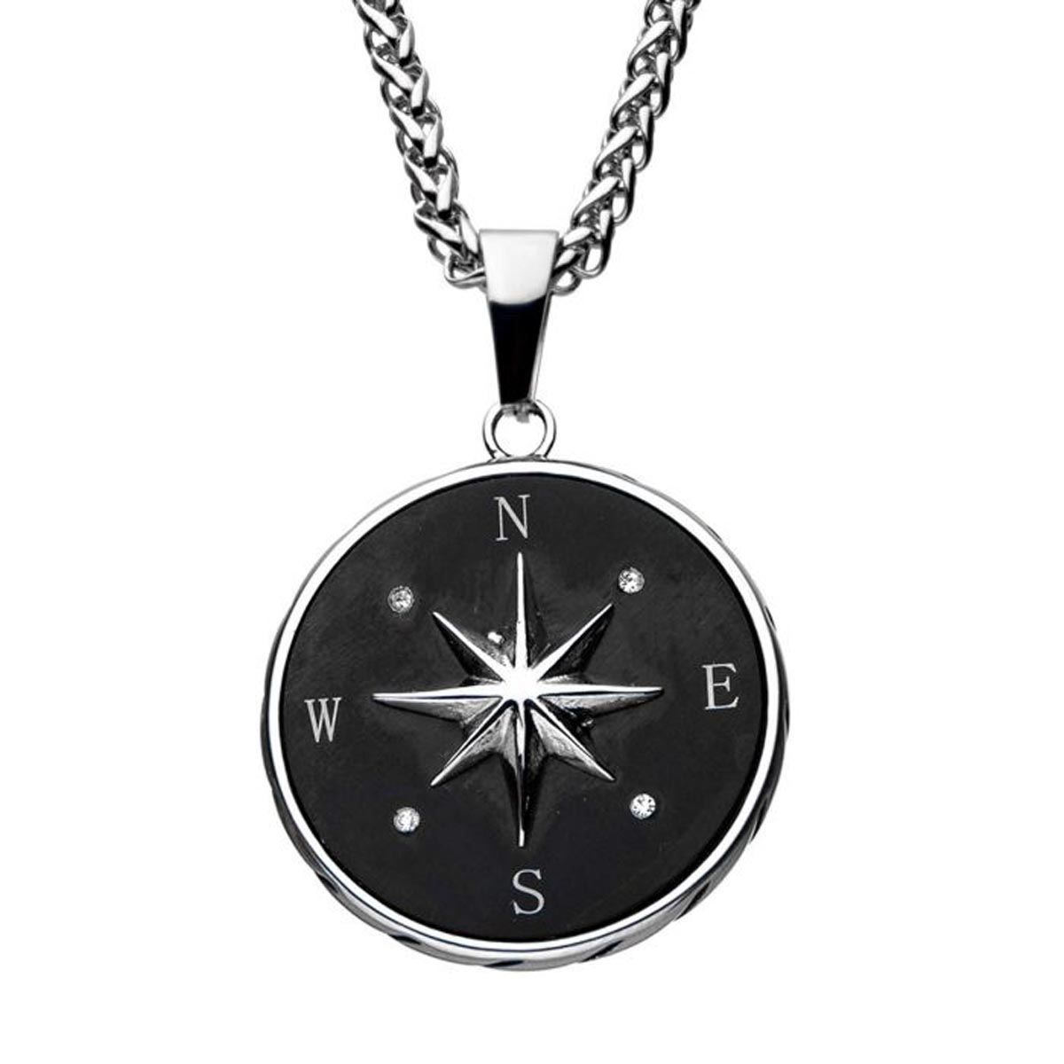 Mens Compass Necklace in Stainless Steel with Black Ion Plate