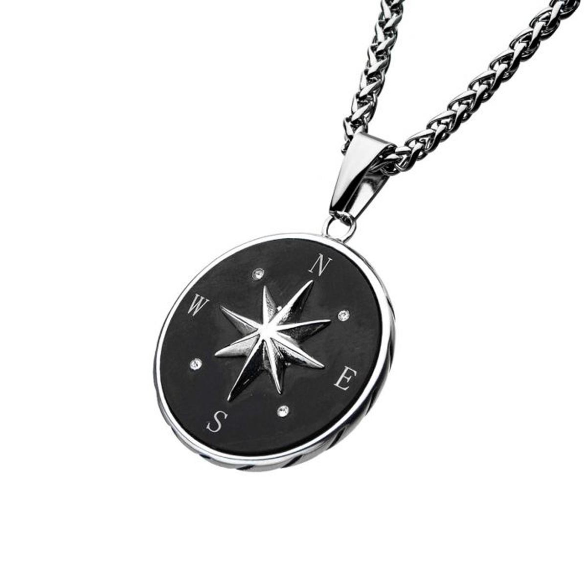 Mens Compass Necklace in Stainless Steel with Black Ion Plate