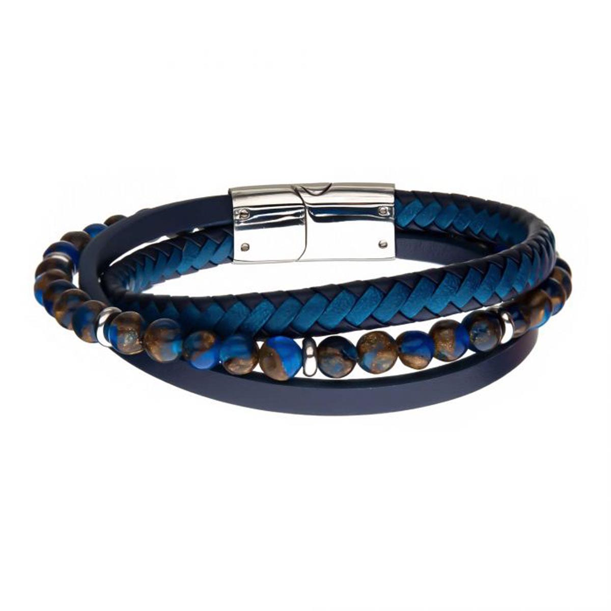 Mens Blue Leather Pietersite Bead Bracelet in Stainless Steel