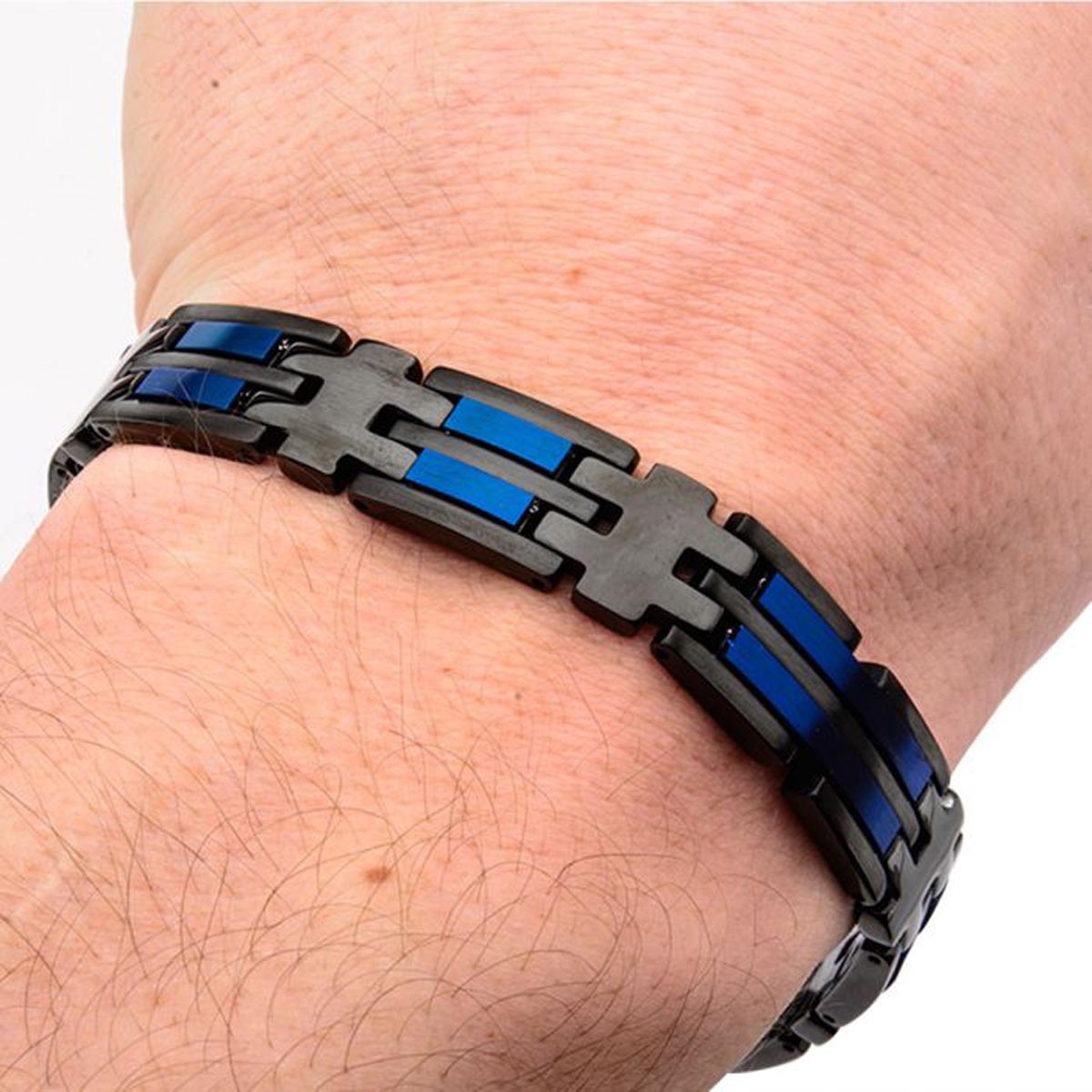 Mens Black and Blue Link Bracelet in Stainless Steel with Black Ion Plate