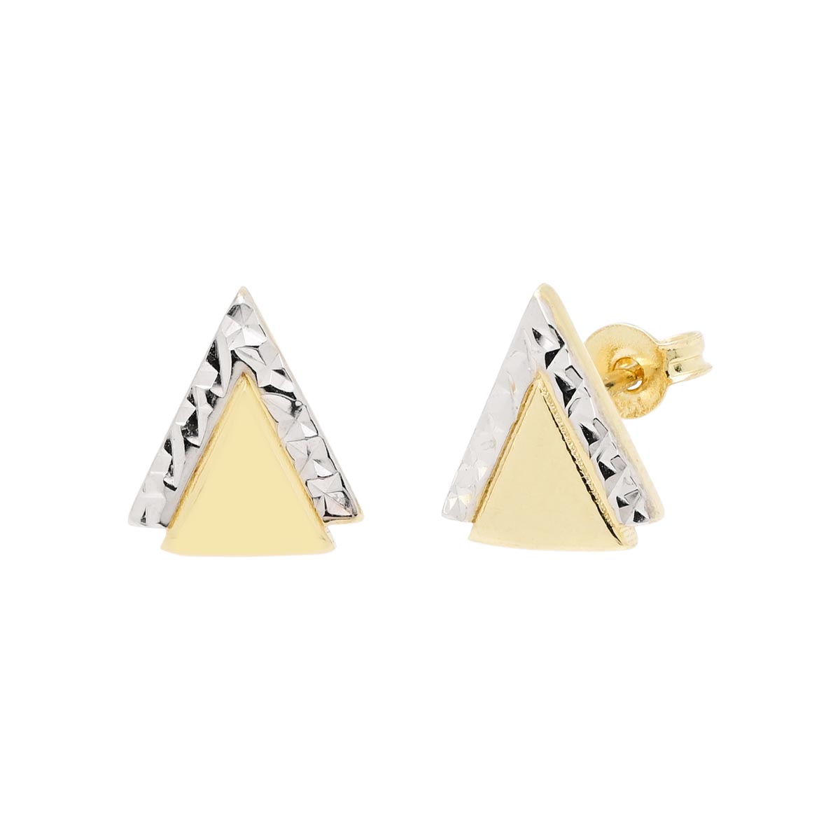 Diamond Cut Triangle Stud Earrings in 14kt Yellow and White Gold