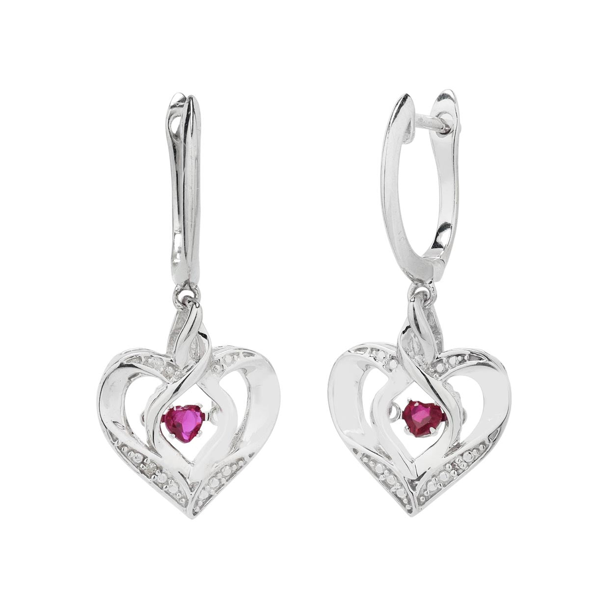 Created Ruby Heart Earrings in Sterling Silver with Diamonds