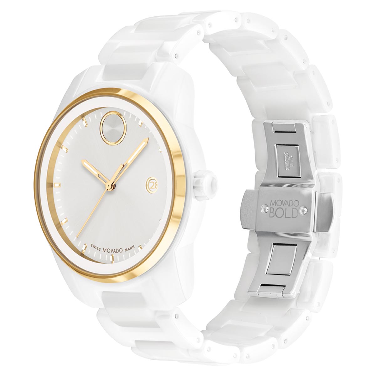 Movado Bold Verso Mens Watch with White Dial and White Ceramic Bracele Day s Jewelers