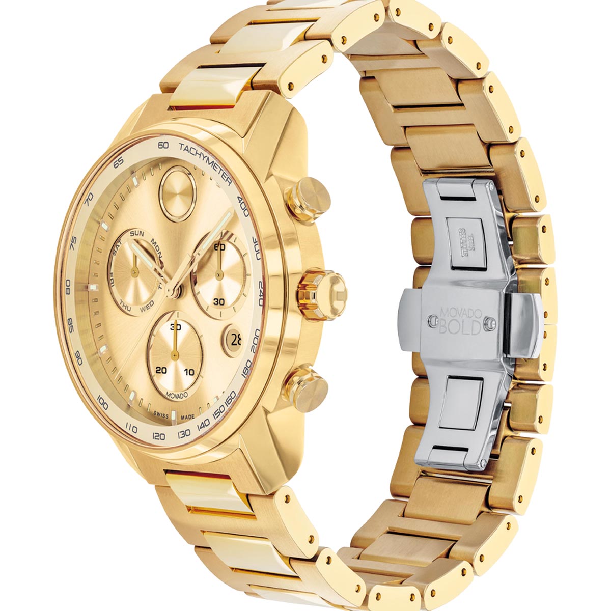 Movado Bold Mens Chronograph Watch with Yellow Dial and Yellow Ion Plated Bracelet (Swiss quartz movement)