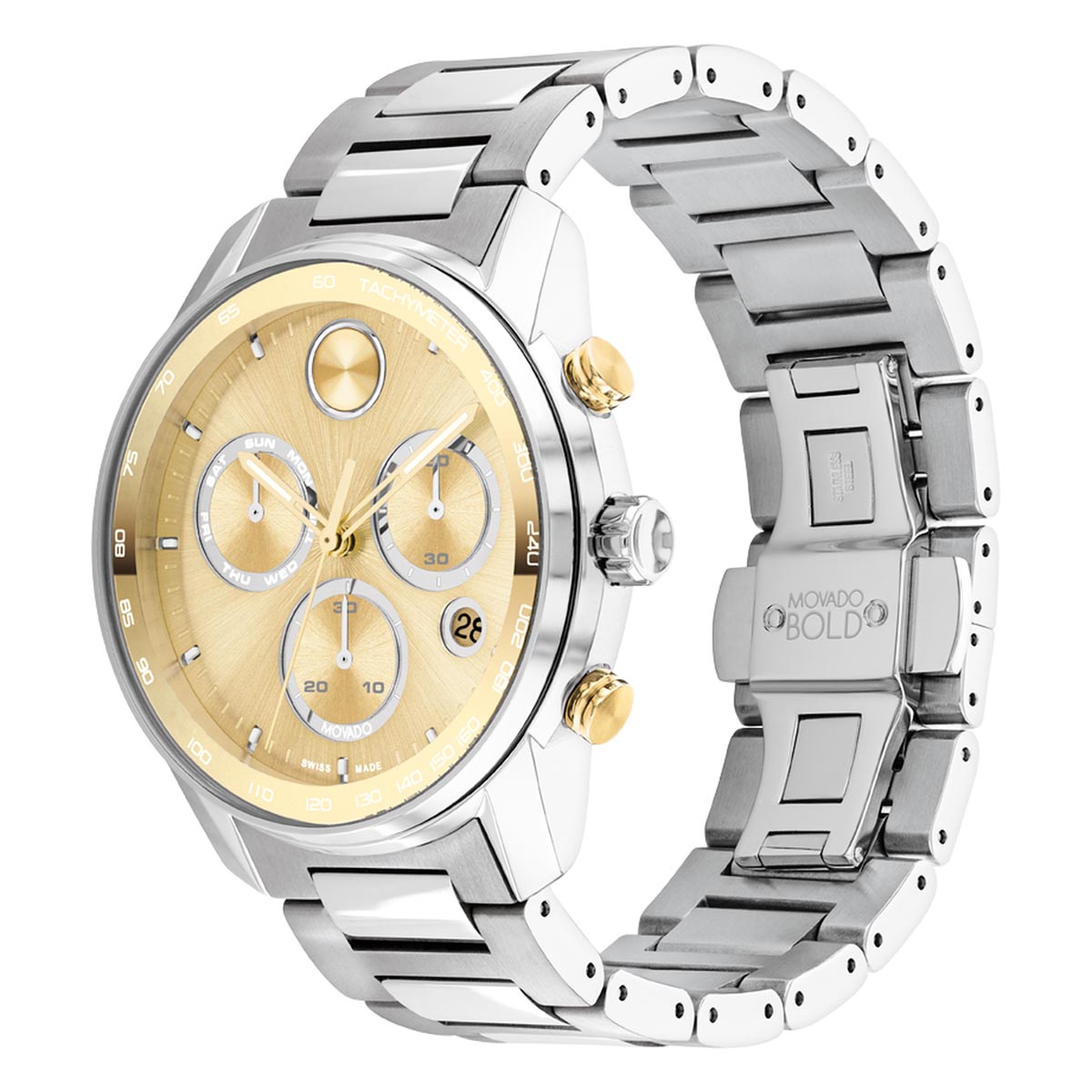 Movado Bold Verso Mens Chronograph Watch with Yellow Dial and Stainless Steel Bracelet (Swiss quartz movement)