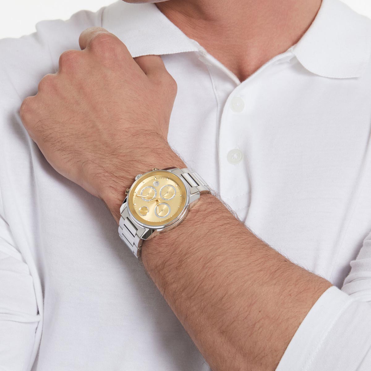 Movado Bold Verso Mens Chronograph Watch with Yellow Dial and Stainless Steel Bracelet (Swiss quartz movement)