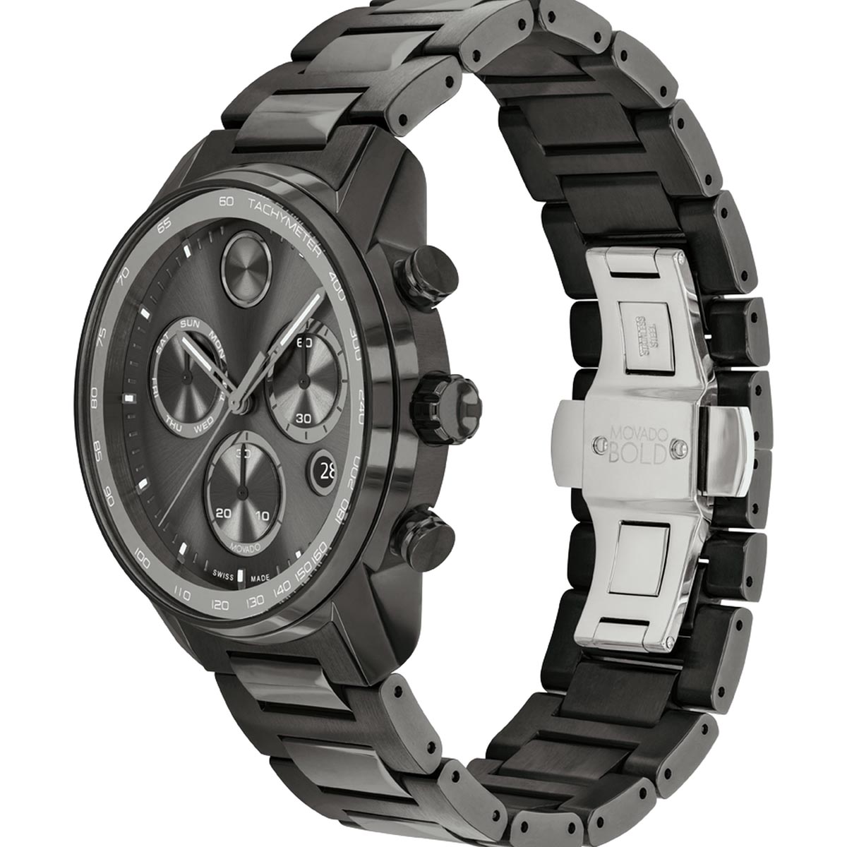Movado Bold Mens Chronograph Watch with Black Dial and Black Ion Plated Bracelet (Swiss quartz movement)