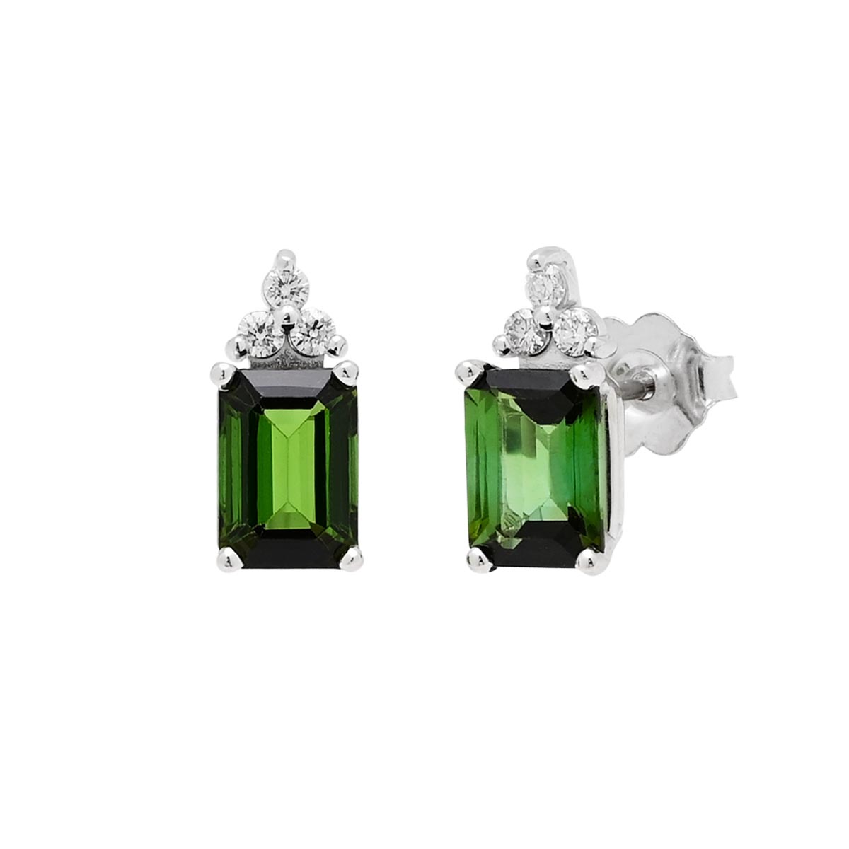 Maine Green Tourmaline Emerald Cut Stud Earrings in 14kt White Gold with Diamonds (1/10ct tw)