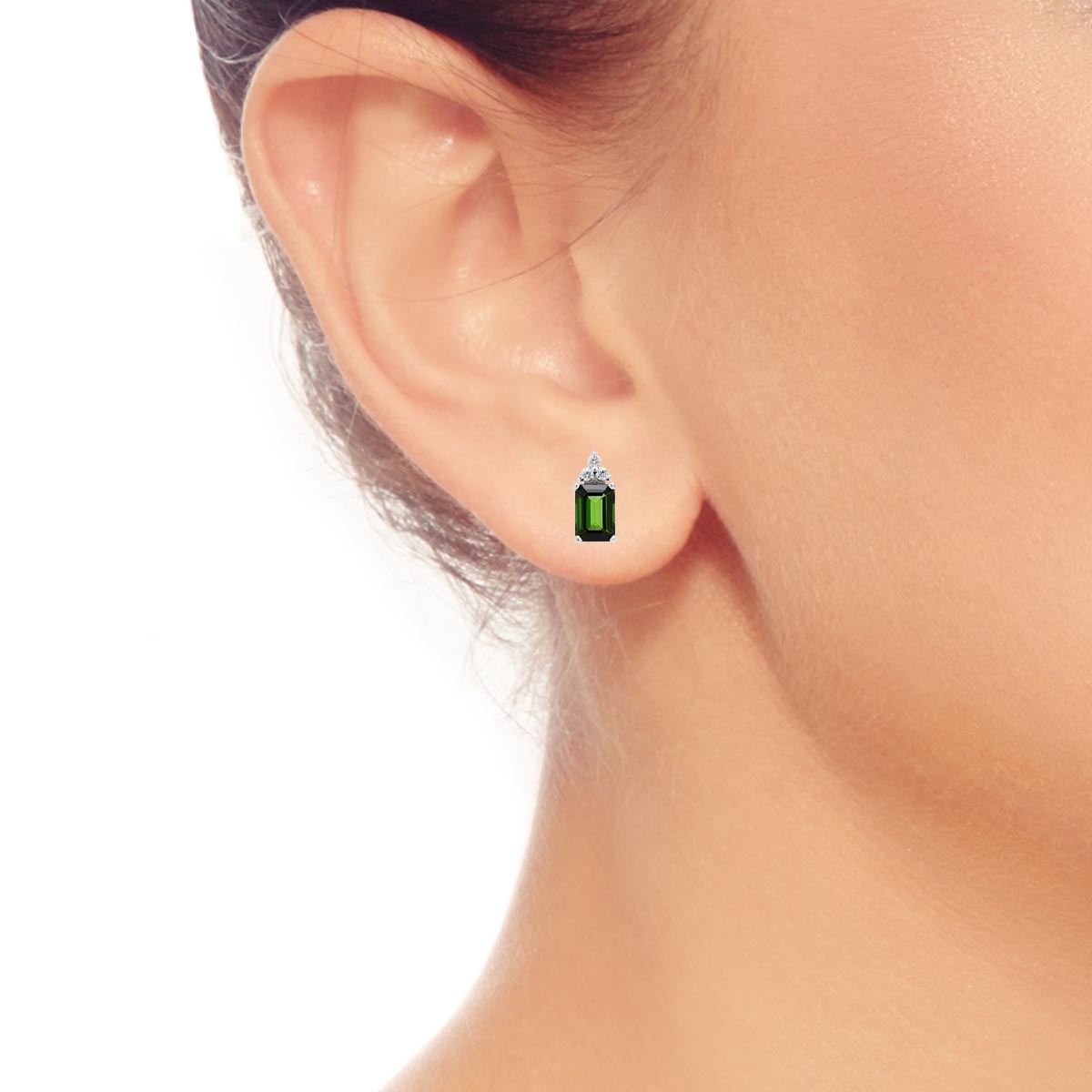 Maine Green Tourmaline Emerald Cut Stud Earrings in 14kt White Gold with Diamonds (1/10ct tw)
