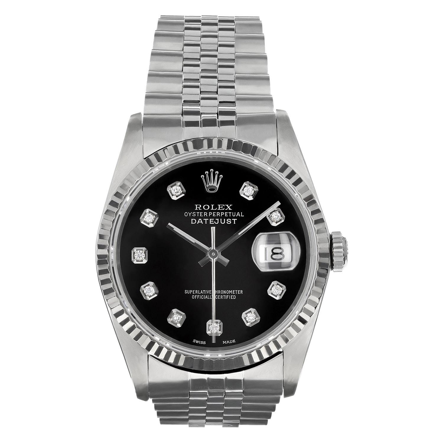 Pre Owned Rolex Oyster Perpetual Datejust with Black Diamond Dial and 18kt White Gold Fluted Bezel and Stainless Steel Jubilee Bracelet (automatic movement)