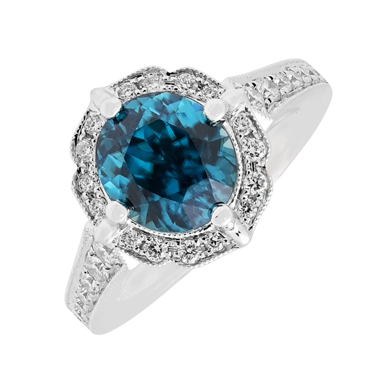 Oval Blue Zircon Ring in 14kt White Gold with Diamonds (1/3ct tw)