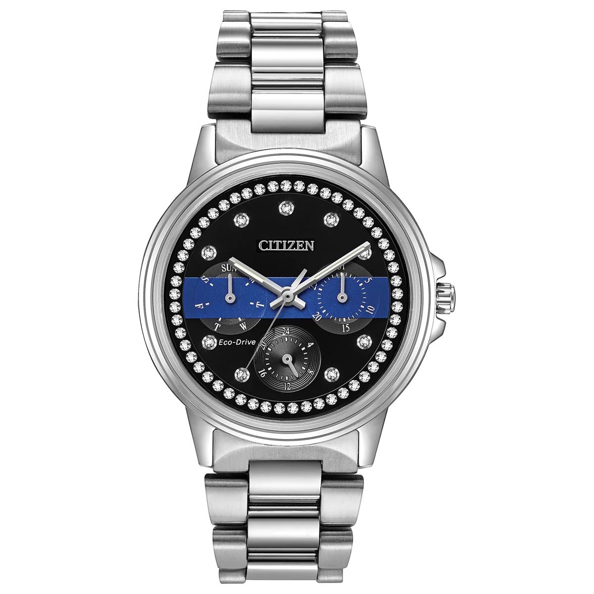 Citizen First Responder Chronograph Crystal Womens Watch with Black and Blue Dial and Stainless Steel Bracelet (eco drive movement)