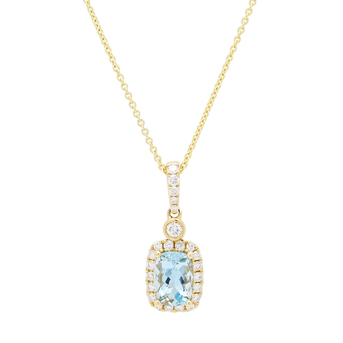 Cushion Aquamarine Necklace in 14kt Yellow Gold with Diamonds (1/5ct tw)
