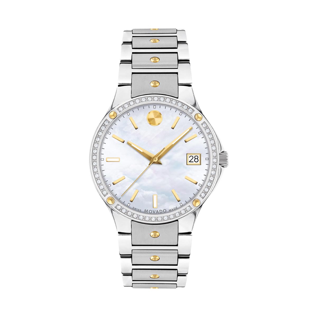 Movado SE Womens Watch with Mother of Pearl Dial and Diamond Set Bezel and Stainless Steel and Yellow Gold Tone Bracelet (Swiss quartz movement)