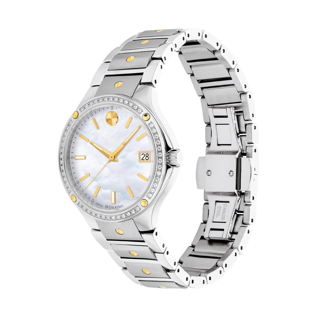 Movado SE Womens Watch with Mother of Pearl Dial and Diamond Set Bezel and Stainless Steel and Yellow Gold Tone Bracelet (Swiss quartz movement)