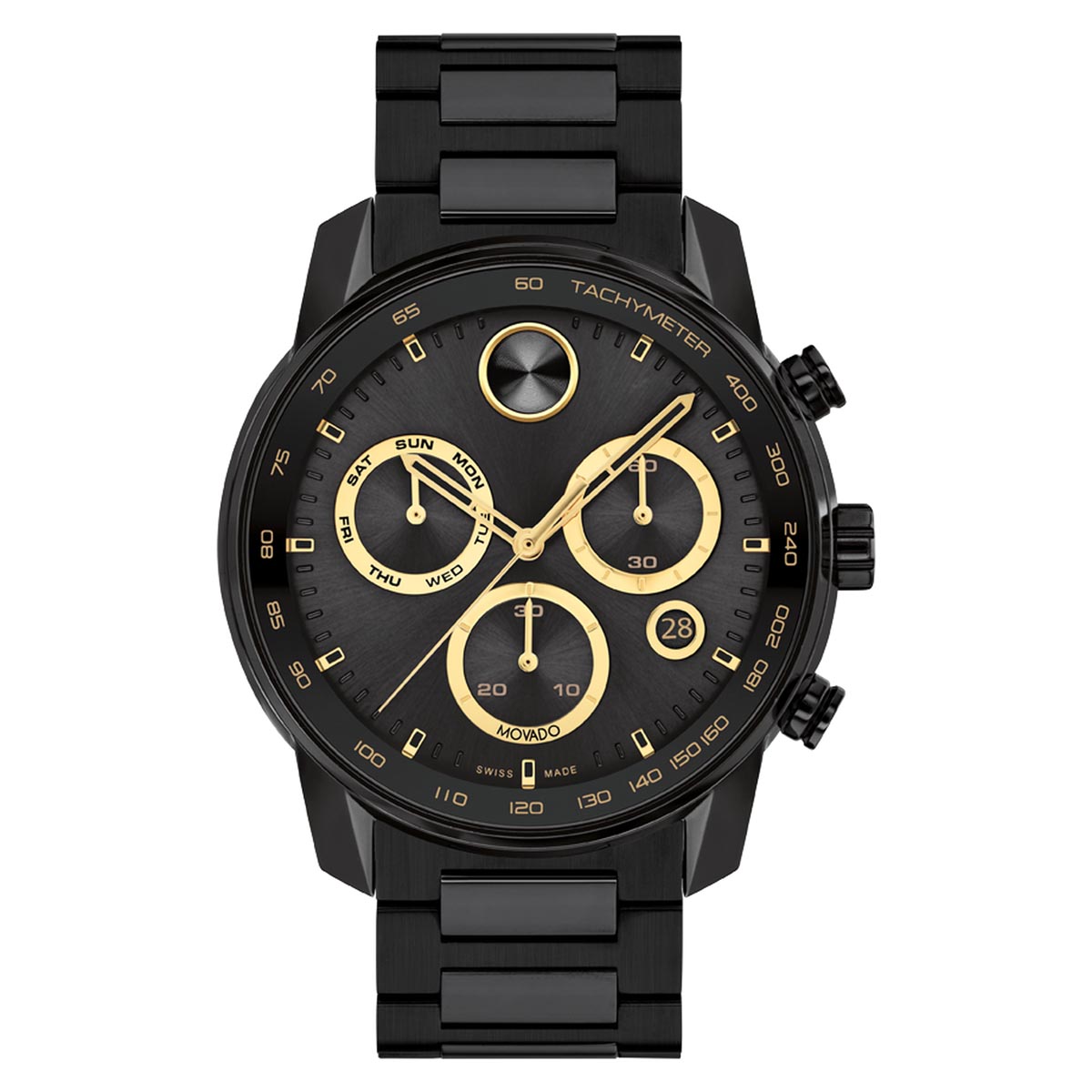 Movado Bold Verso Mens Chronograph Watch with Black and Yellow Gold Tone Dial and Black Ion Plated Stainless Steel Bracelet (Swiss quartz movement)
