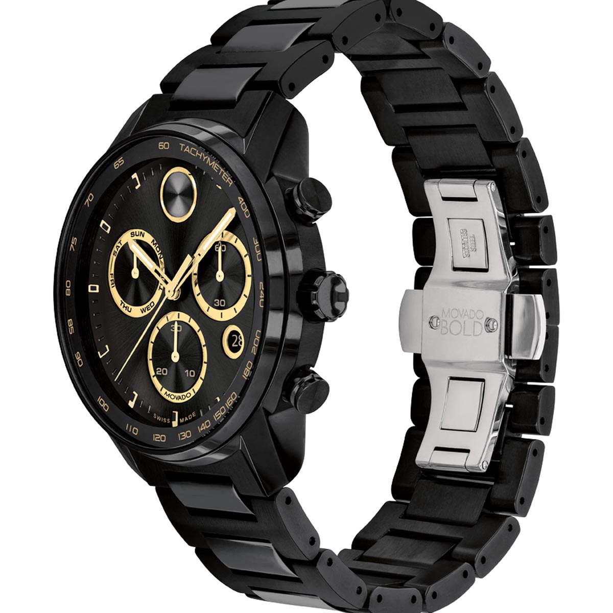 Movado Bold Verso Mens Chronograph Watch with Black and Yellow Gold Tone Dial and Black Ion Plated Stainless Steel Bracelet (Swiss quartz movement)