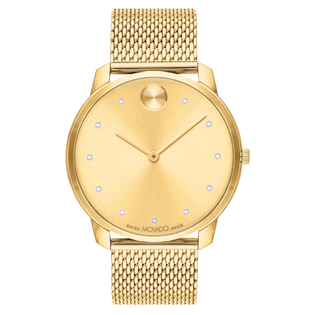 Movado Bold Thin Mens Watch with Gold Tone Dial and Gold Tone Ion Plated Stainless Steel Mesh Bracelet (Swiss quartz movement)