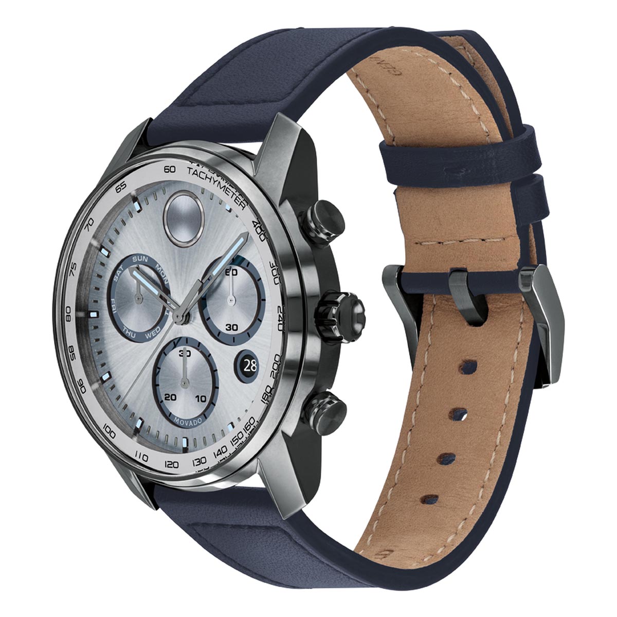 Movado Bold Verso Mens Chronograph Watch with Gray Ion Plate Dial and Navy Leather Strap (Swiss quartz movement)