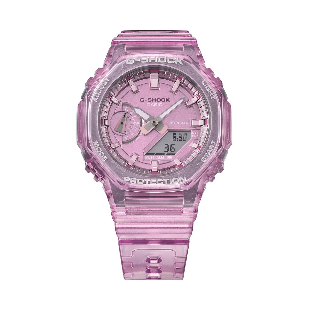 G Shock Womens Watch with Pink Dial and Transparent Pink Resin Strap (quartz movement)