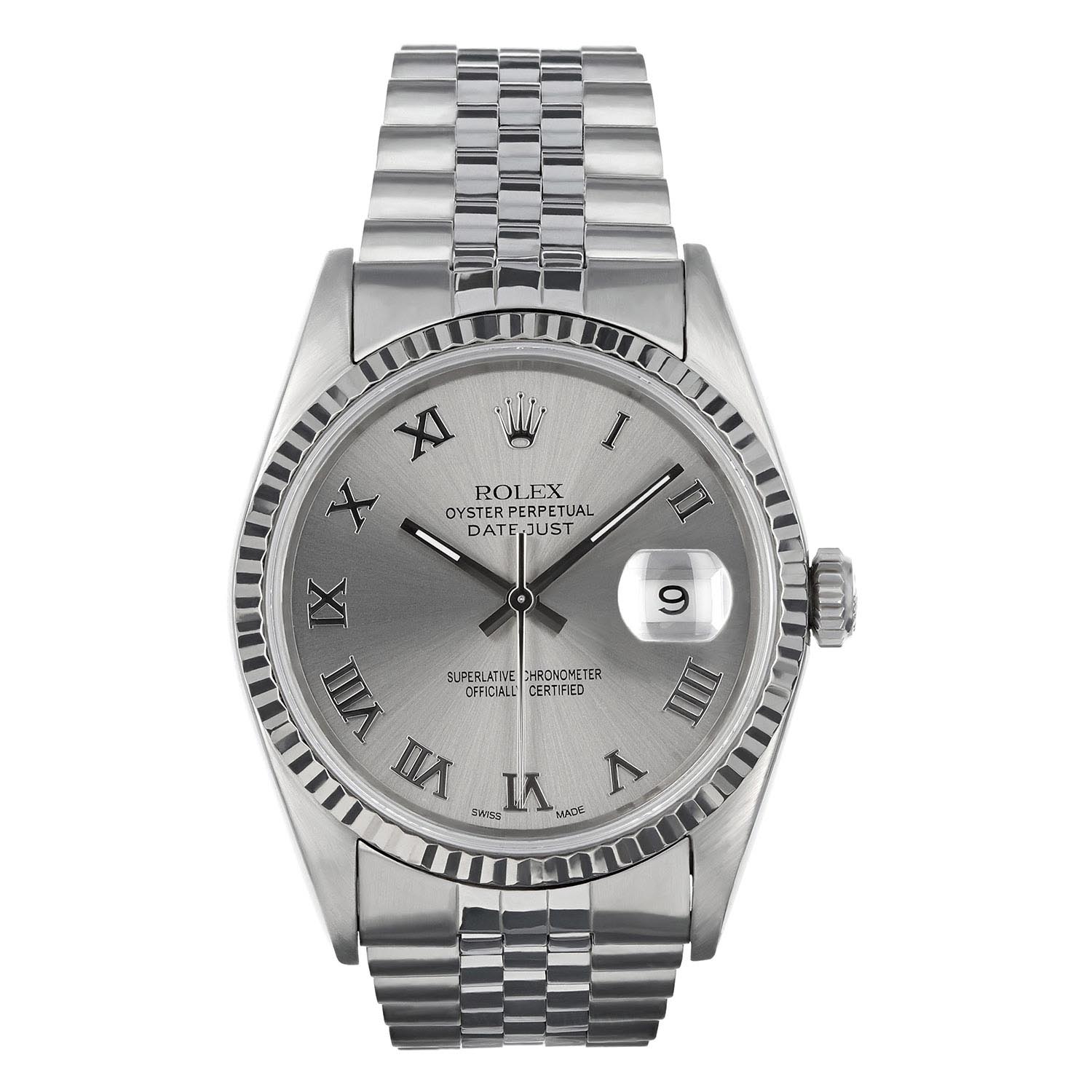 Pre Owned Rolex Oyster Perpetual Datejust with Gray Roman Dial and 18kt White Fluted Bezel and Stainless Steel Jubilee Bracelet (automatic movement)