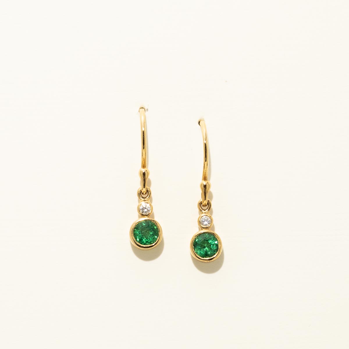 Emerald Bezel Drop Earrings in 18kt Yellow Gold with Diamonds (1/20ct tw)