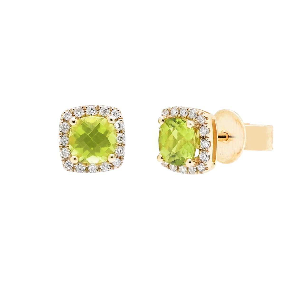 Cushion Peridot Halo Stud Earrings in 14kt Yellow Gold with Diamonds (1/7ct tw)