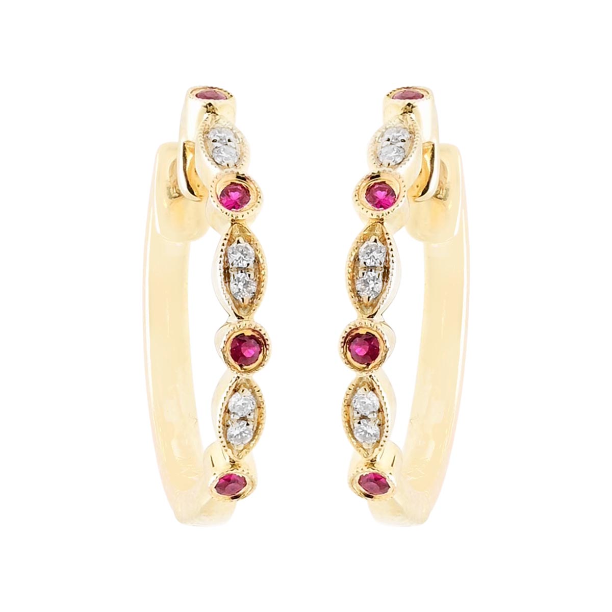 Ruby Hoop Earrings in 14kt Yellow Gold with Diamonds (1/20ct tw)