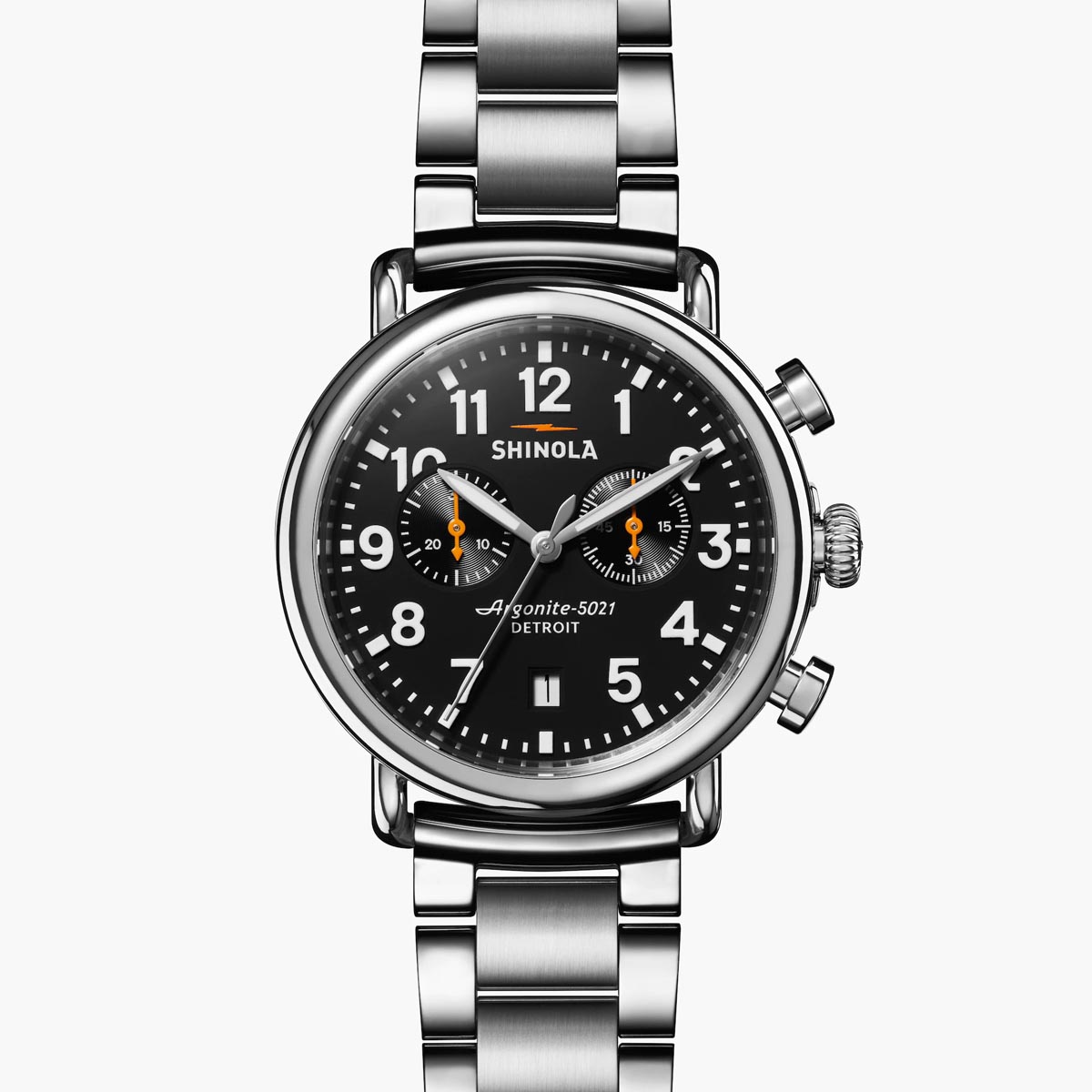 Shinola Runwell Mens Chronograph Watch with Black Dial and Stainless Steel Bracelet (quartz movement)