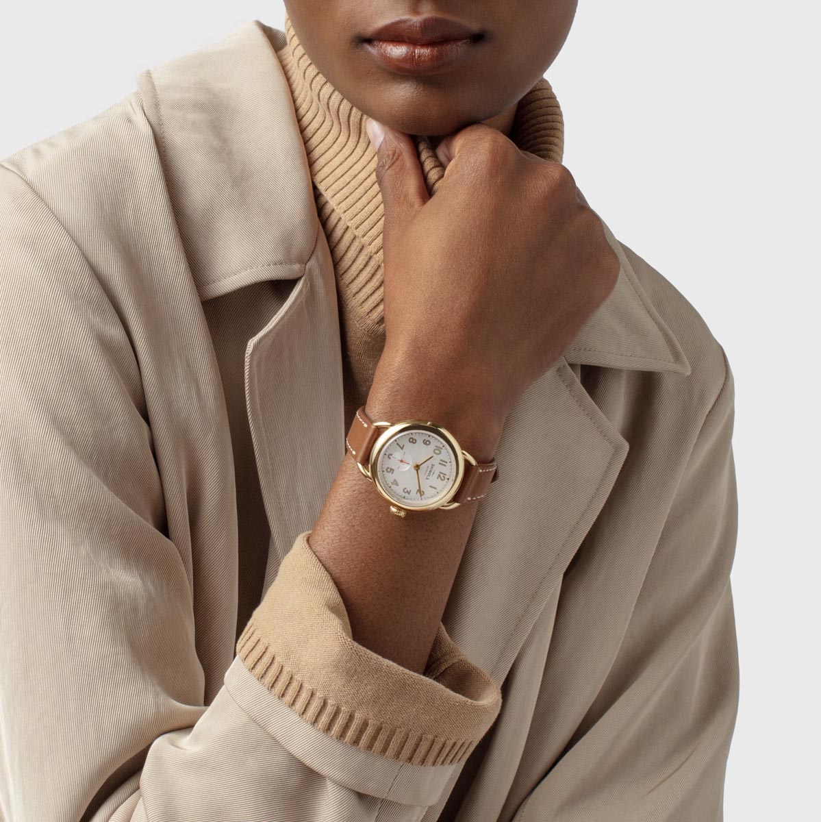 Shinola Runabout Ladies Watch with White Dial and Tan Leather Strap (quartz movement)